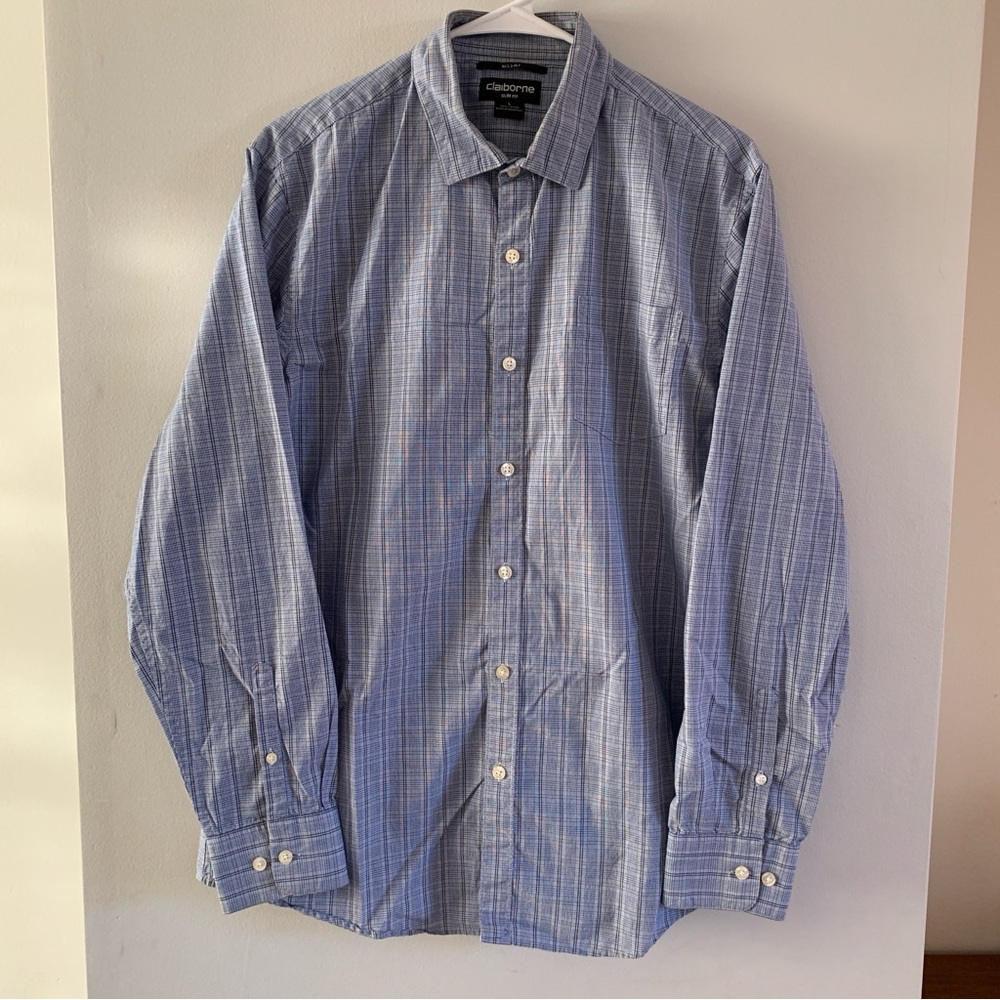 Slim Fit Dress Shirt 80s 2 Ply 100% Cotton Blue Checked Claiborne Size Large